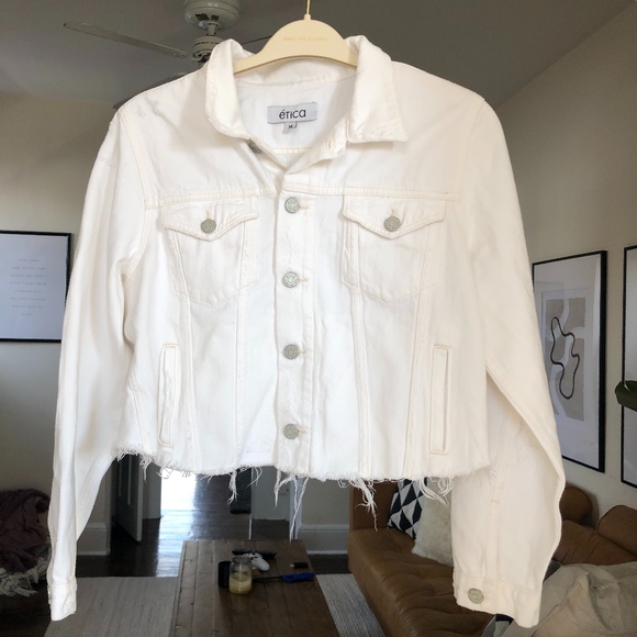 Jackets & Blazers - White cropped denim jacket with fray